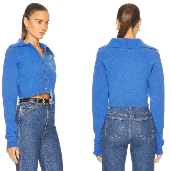 Nanushka NEW Josi Spread Collar Merino Wool V Neck Crop Cardigan in Blue Size XS - Picture 2 of 8